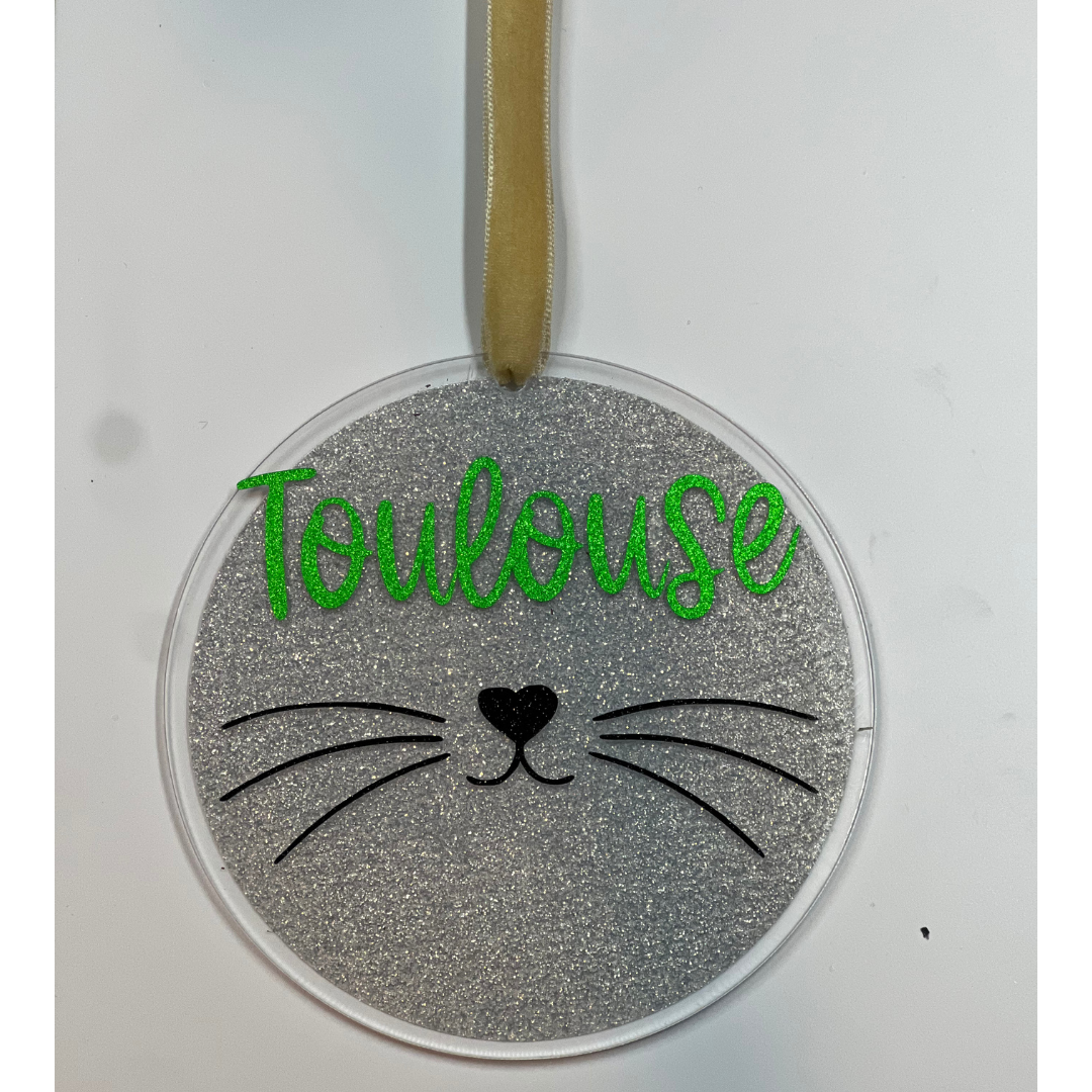 Whiskers + Name + Holiday Background (Vinyl) Ornament