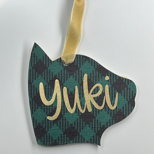 Festive Faux Leather Cat Profile + Name + Holiday Background Ornament