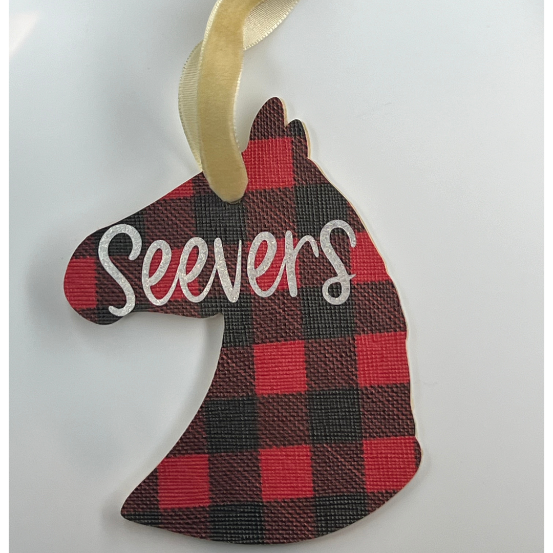 Festive Faux Leather Horse + Name + Solid Background Ornament