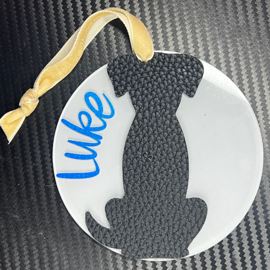 Dog Profile Faux Leather + Name +Holiday Background Ornament